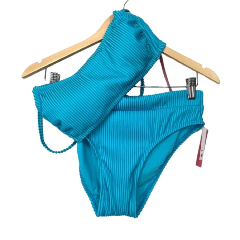 Xhilaration Ribbed 80’s Retro Blue Atoll Bikini Set Bandeau & Cheeky Bottom Nwt